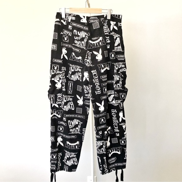 PLAYBOY Y2K Logo Cargo Pockets Black & White High Rise Wide Leg Pants Trousers. - Picture 3 of 16